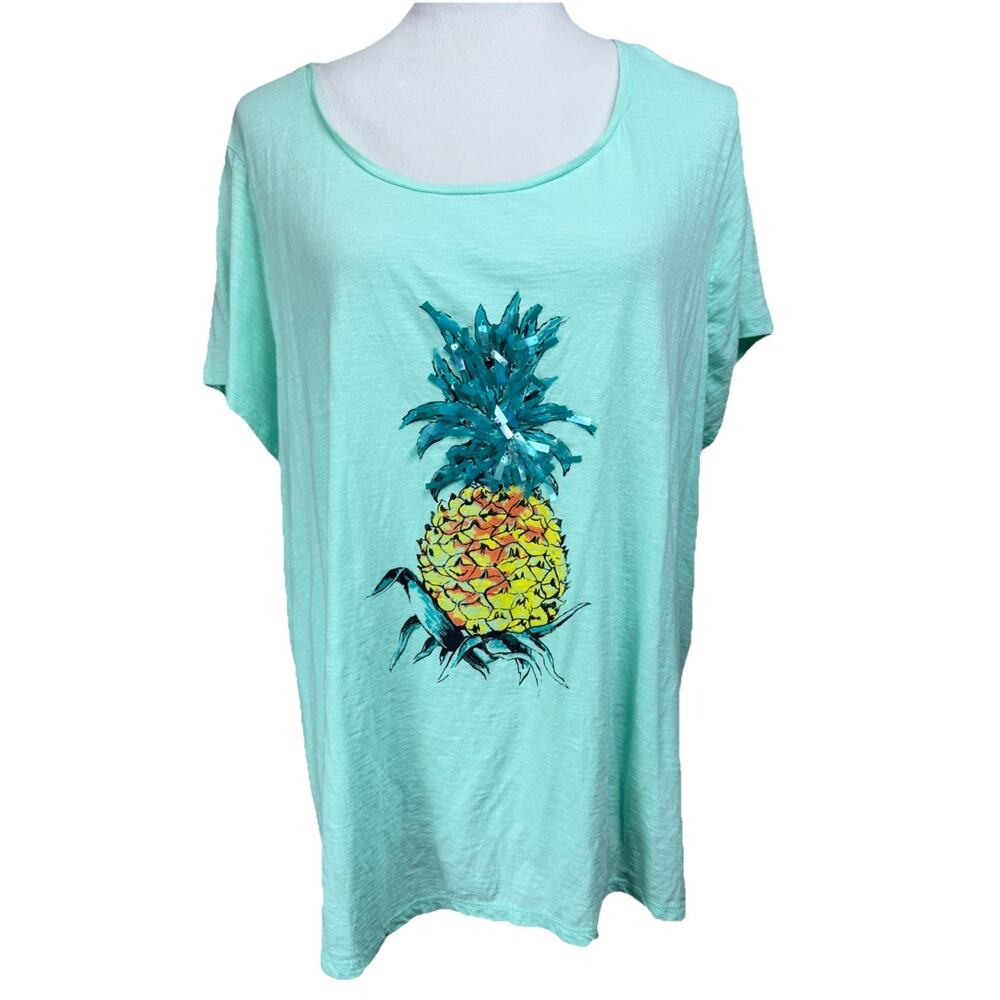 Crown & Ivy Womens T-shirt 2X Aqua with Pineapple Lightweight Beach Cruise
